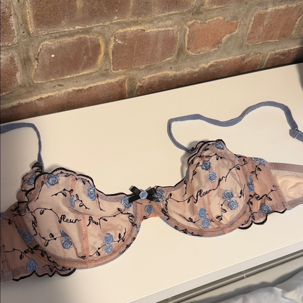 Fleur du Mal Delicate Pink and Blue Embroidered Bra